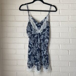Oscar de la Renta Vtg Slip Dress Nightie Navy Cream Floral Lace-Trim XS S Sz 32